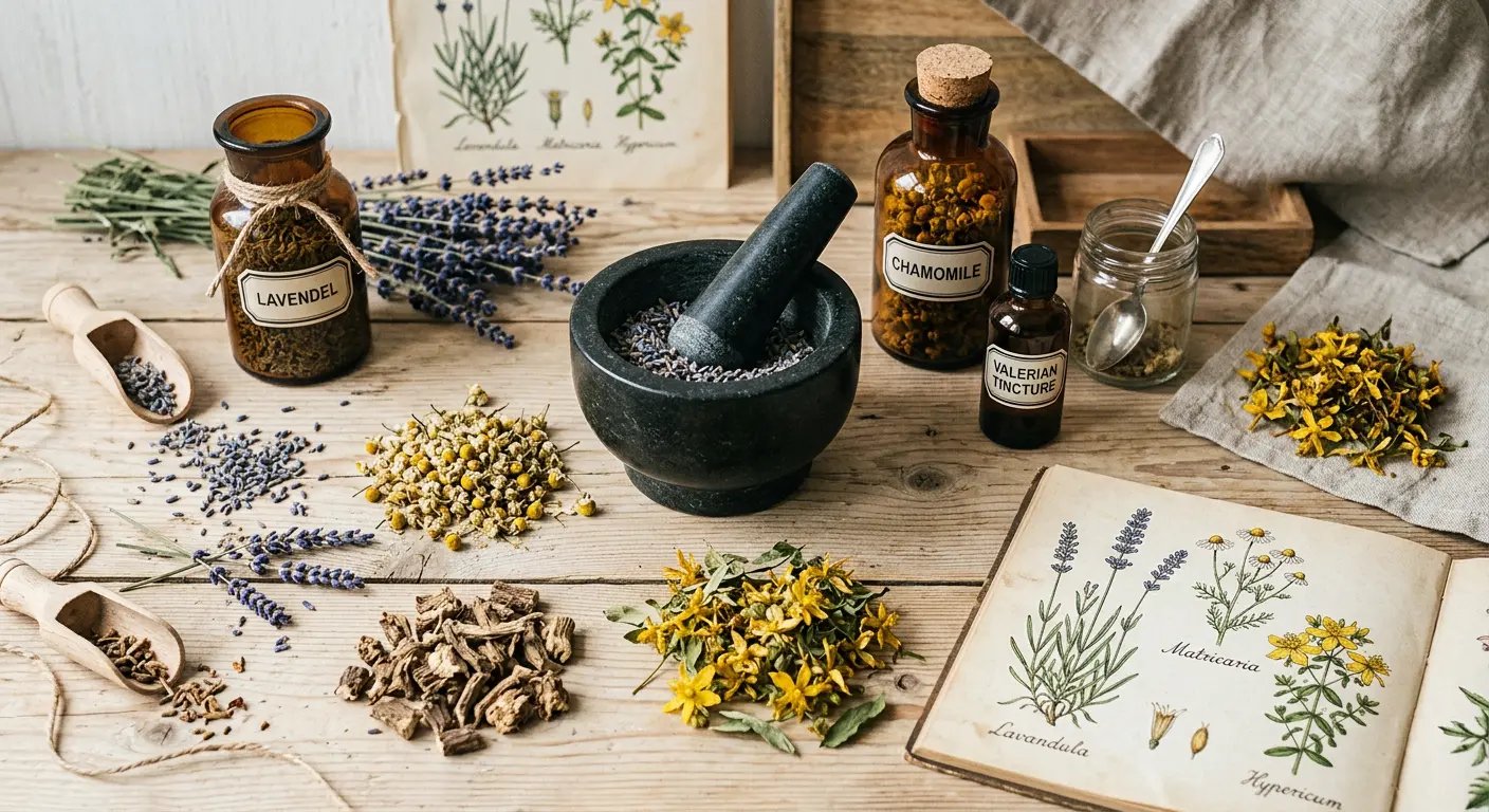 Herbal medicines on a wooden table