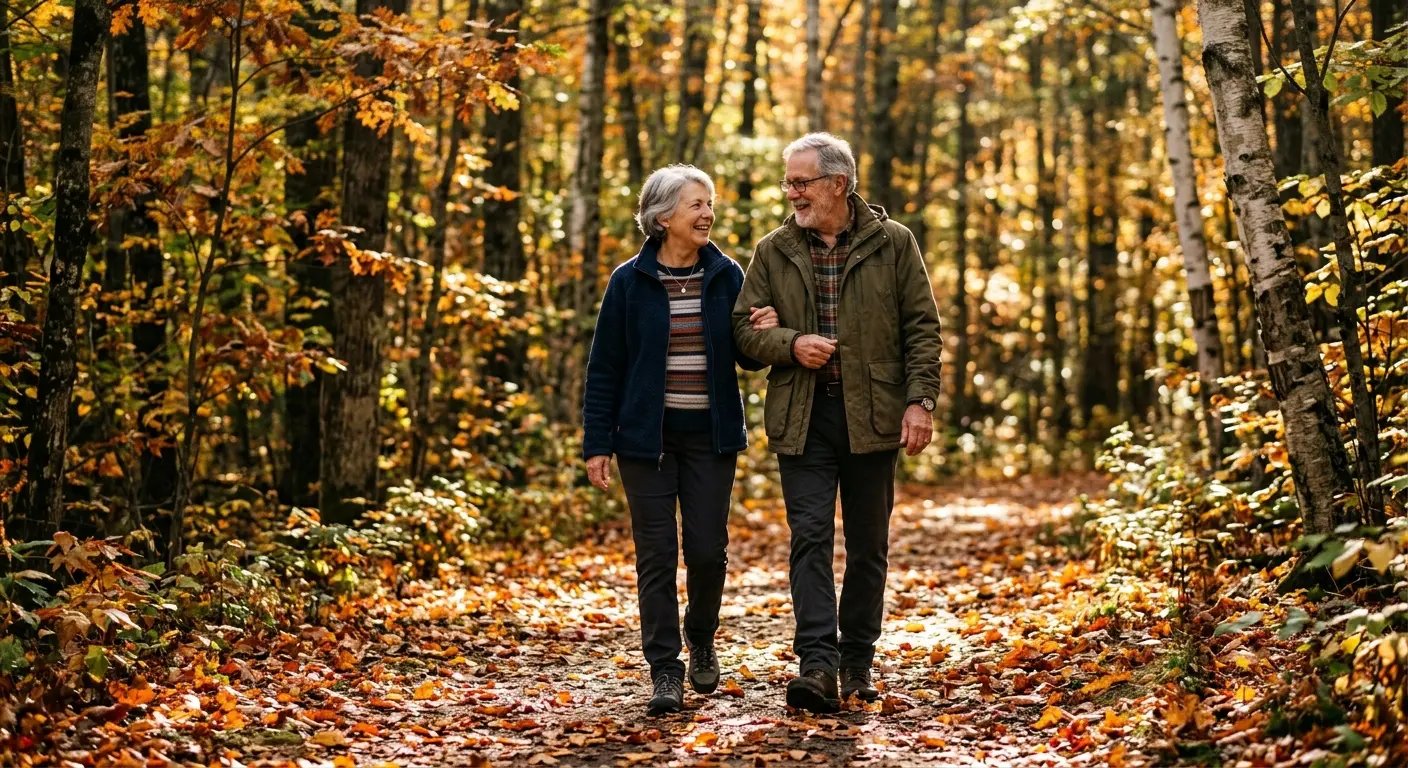 Seniors walking on a forest trail
